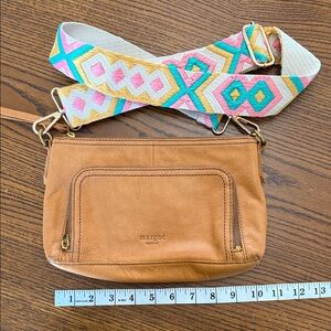 Margot Camel Crossbody Bag with Vibrant Patterned Strap
